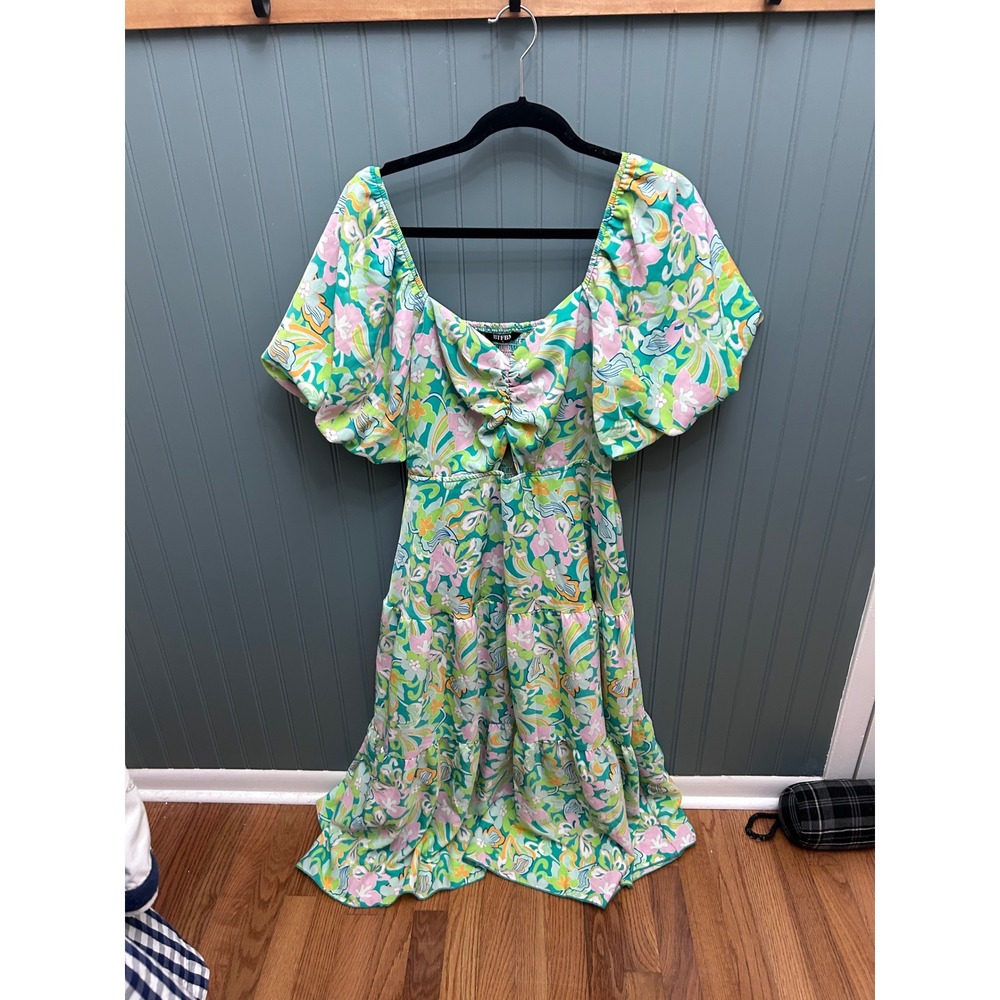 BTFBM Green Floral Puff Sleeve Cutout Tiered Midi Dress Womens Large Retro Boho